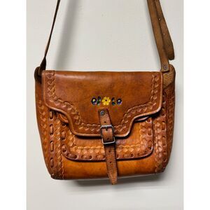 VTG - Genuine Tooled Leather Saddle Bag Painted Flowers, Snap Closure, Adj Strap